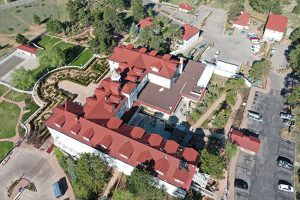 image of an aerial view of the Stanley Hotel - Skyline Roofing & Solar